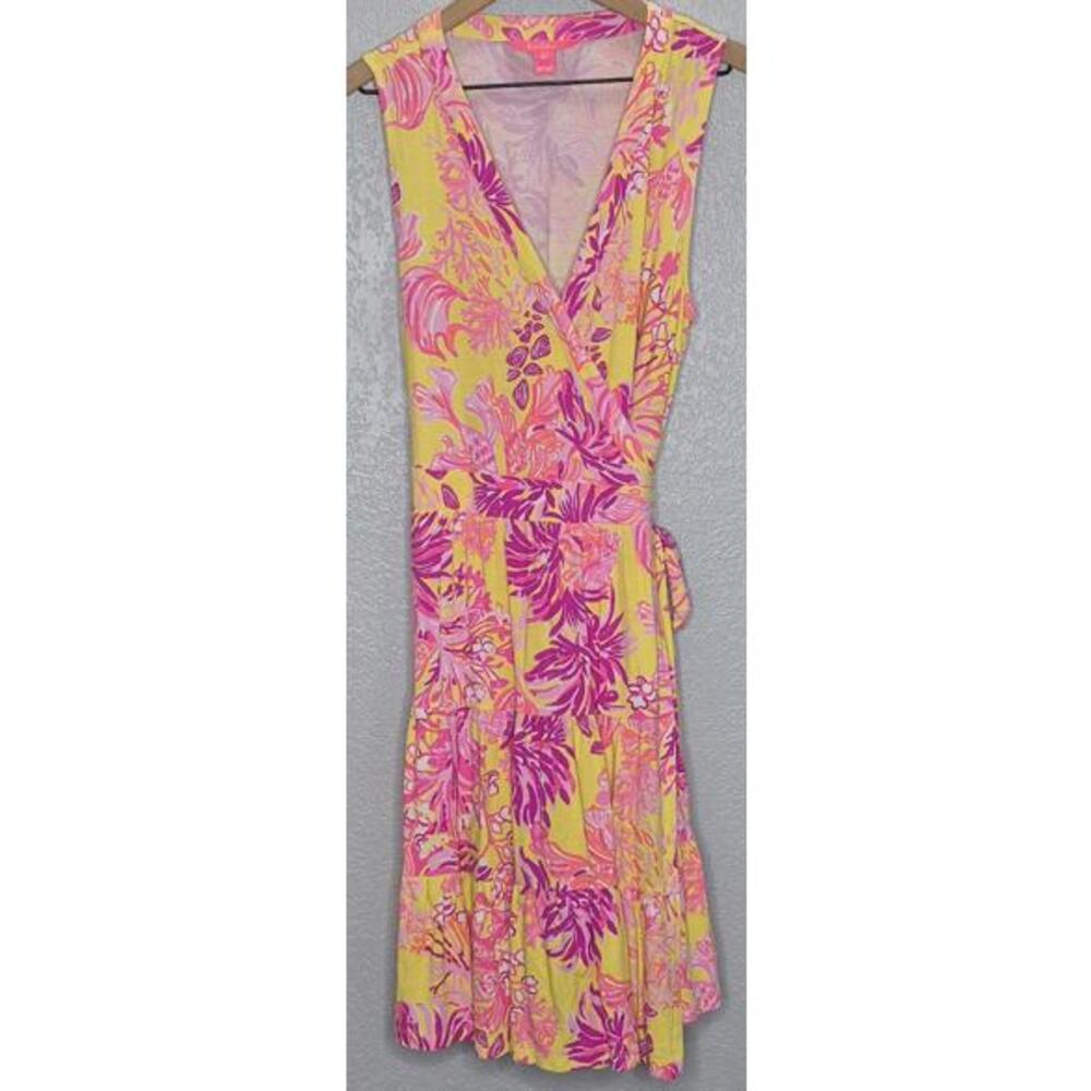 Lilly Pulitzer Folly Floral Wrap Dress Calla Yellow Floral Coral Medium - Picture 2 of 8